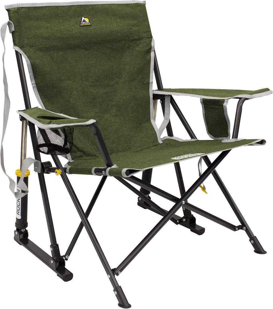 GCI Outdoor Kickback Rocker Camping Chair | Portable Folding Rocking Chair with Durable Armrests, Drink Holder & Relaxed Lowered Seat for Comfort Loden Green