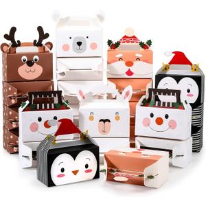 TaoBary 48 Pcs 3D Christmas Treat Gift Wrap Boxes for Holiday Xmas Presents Christmas Cookie Boxes for Gift Giving Santa Snowman Elk Alpaca Cardboard Gable Box with Handles for Party Supplies