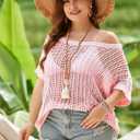 Alsol Lamesa Women's Plus Size Crochet Tops Short Sleeve Hollow Out Loose Scoop Neck Beach Crochet Cover Up, 5X-Large Plus, Pink