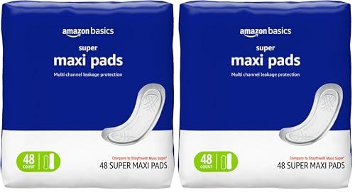 Amazon Basics Maxi Pads for Periods- Thick, Super Absorbency, Unscented, 96 Count, (4 Packs of 48)