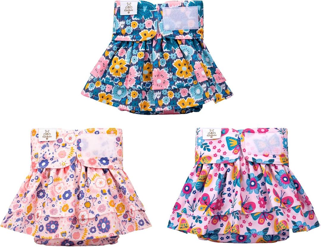CuteBone Female Dog Diapers with Skirts 3 Pack Reusable Puppy Dresses Pants for Heat Cycle Period QBD11M