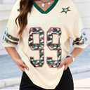 Bellcoco Jersey Shirts for Women Y2k Number Graphic Tees Oversized Half Sleeve V Neck T Shirt Tops Football Streetwear Beige Graphic, Large