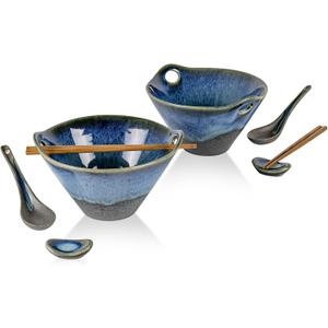 UNICASA Japanese Ramen Bowl Set with Chopsticks, Spoons and Rests, 26oz Deep Porcelain Noodle Bowl Set of 2 for Udon, Pho, Salad, Soup (Volcano Blue)