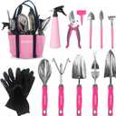 Monios-L Garden Tool Set, Gardening Supplies for Gardener, Stainless Steel Heavy Duty with Non-Slip Ergonomic Handles, Pink Yard Tools Gifts with Storage Tote Bag and Extra Succulent Kits