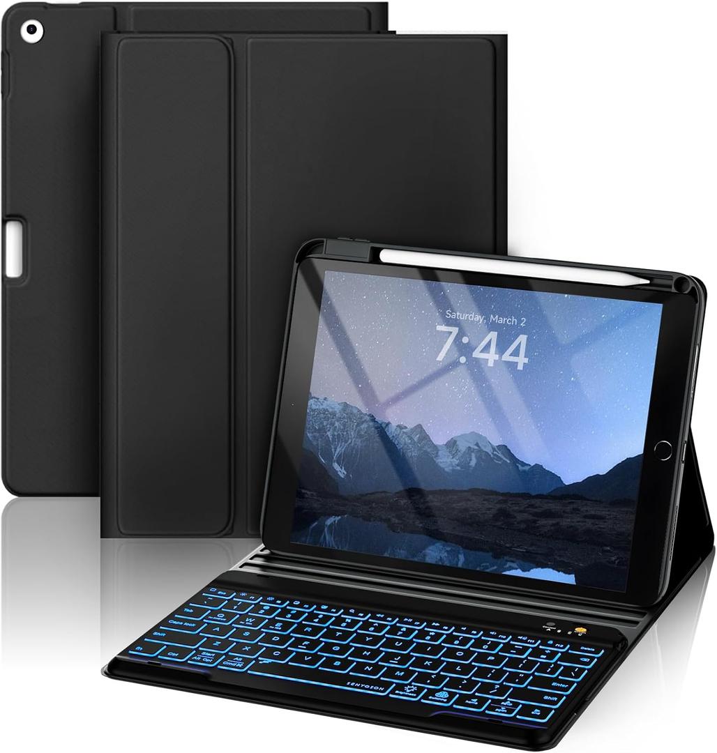 OYEEICE Keyboard Case for iPad 9.7 Inch 6th/5th Gen 2018/2017, Detachable 7 Color Backlit Wireless Keyboard Case for iPad Air 2 with Pen Holder - Black
