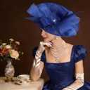 Kgromfy Women's Wide Brim Fascinator Hat Tea Party Headband Large Vintage Church Hat Lady Headwear for Derby Wedding Cocktail Royal Blue