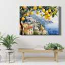 Lemon Tree Canvas Wall Art Beach Landscape Painting Italian Coastal Poster Vintage Lemon Artwork Italian Beach Picture Seaside Artwork for Walls Italy Amalfi Coast Wall Art for Room 16x24inch Framed