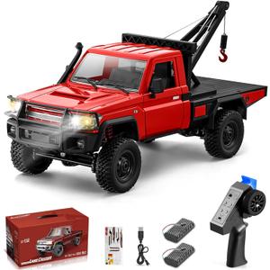 RC Crawler, 1:12 Scale MN82 New Upgrades MN82-T RC Crane Truck, 4WD LC79 Land Cruiser Rock Crawler with Lights, Speed Adjustment, Crane, Tires All Terrain Wrecker for Teens Adults(Red)
