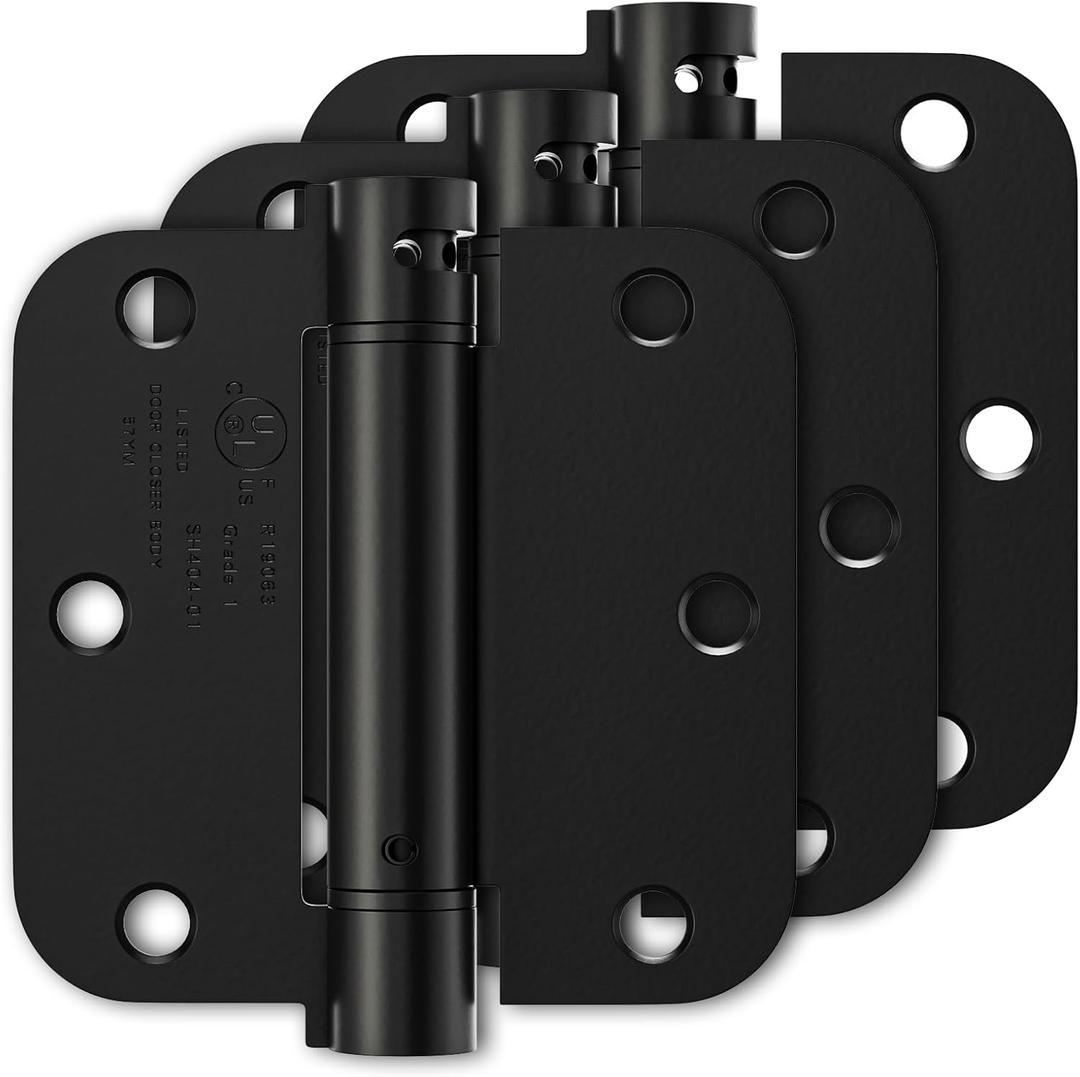 3 Pack Self Closing Door Hinges 3.5 Inch, Matte Black Spring Loaded Hinges with 5/8'' Radius Corners, Adjustable Tension for Garage, Front Door, for Left and Right Hand Door, UL Listed