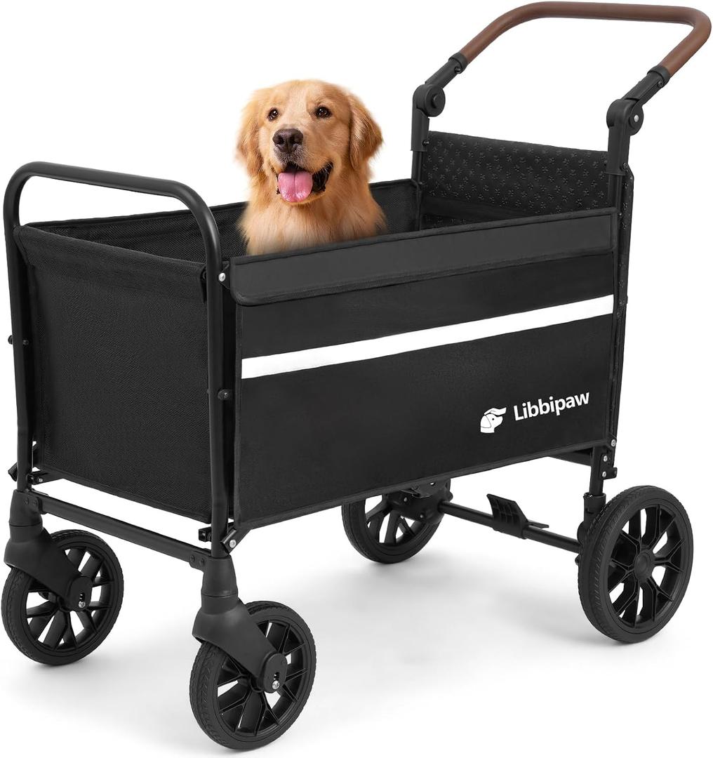 Dog Wagon for Medium & Large Dogs, Foldable All-Terrain Dog Stroller Wagon with Ramp, Adjustable Handle, One-Step Brake, Heavy Duty Pet Wagon (Black)
