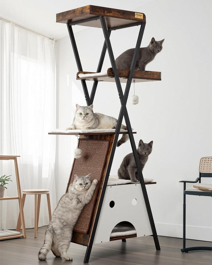 Modern Wood Cat Tree Tower for Indoor Cats Large Adult - 67 Inch Tall Multi-Level Heavy Duty Cat Condo Trees Furniture with Caves Perch Bed Scratching Board - XL Big Sturdy Wooden Kitty House (Rustic Brown)