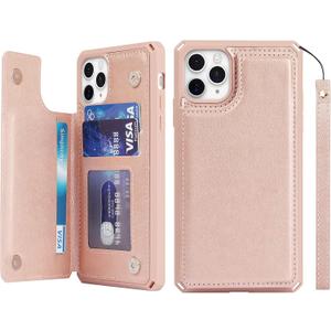 iCoverCase Compatible with iPhone 11 Pro Max Wallet Phone Case with Card Holder for Women, RFID Blocking Embossed PU Leather Wrist Strap Case for 11pro Max 6.5 Inch (Macaron Rose Gold)