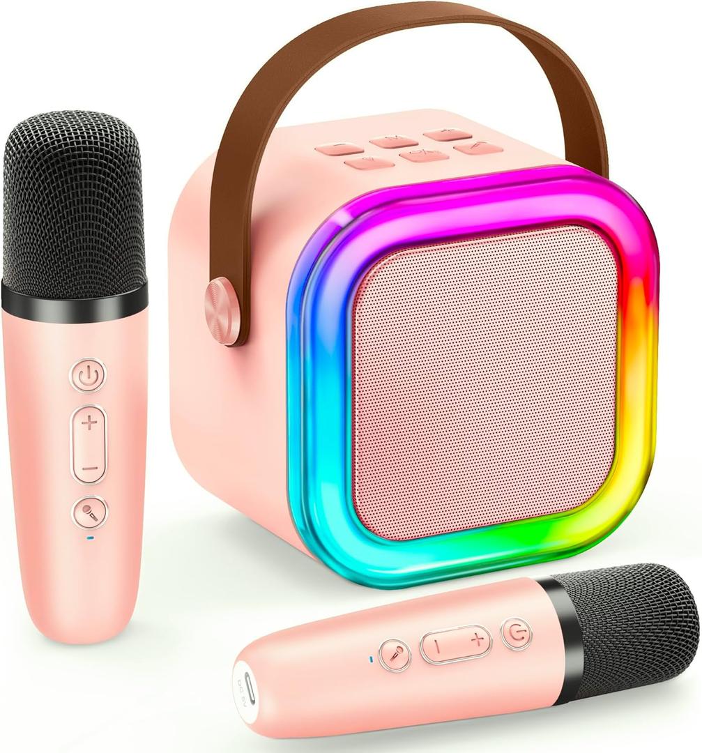 IROO Mini Karaoke Machine for Kids, 2025 Popular Birthday Gifts Toys for Girls Boys Age 3-12+, Portable Bluetooth Speaker with 2 Wireless Mics, Karafun Premium Song Family Home Party(Pinkcolor) (2 Mics, Pinkcolor)