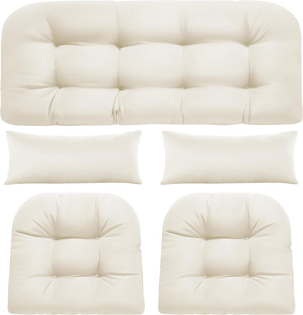 Wicker Chair Cushions of 5 Pieces, Waterproof Outdoor Loveseat Cushion for Wicker Furniture, 1 Love Seat Cushion, 2 U-Shape and 2 Lumbar Pillows for Patio Furniture (Cream)
