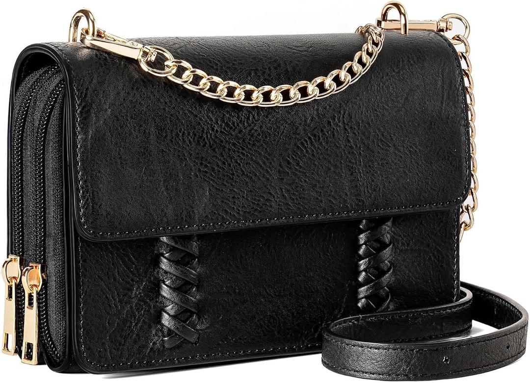 Crossbody Purse for Women Vegan Leather Wallet Shoulder Bag Classic Braided Crossbody Bag with Adjustable Strap (Black)