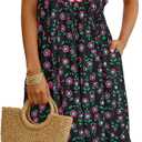Wenrine Womens Summer Floral Midi Dresses Ruffle Cap Sleeve V Neck Flowy Boho Casual Beach Vacation Sundress M
