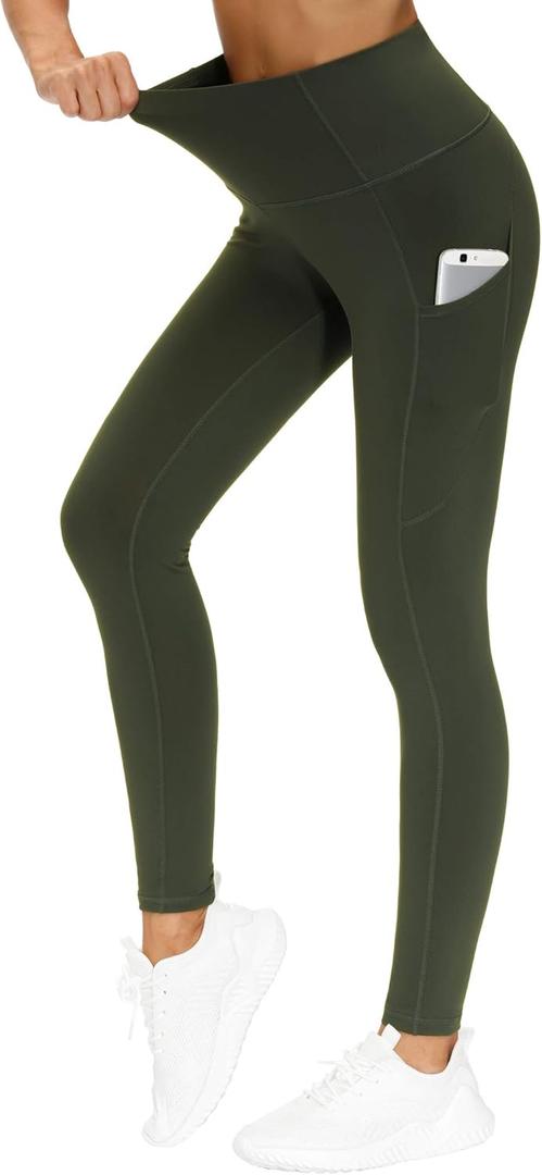 THE GYM PEOPLE Thick High Waist Yoga Pants with Pockets, Tummy Control Workout Running Yoga Leggings for Women (Medium, Dark Olive)