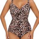 Aqua Regina Plus Size Swimsuit for Women One Piece Bathing Suit Ruched Tummy Control Adjustable Swimwear (Brown/Leopard) L