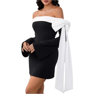 MakeMeChic Women's Off The Shoulder Bell Sleeve Mini Dress Bowknot Cocktail Party Bodycon Dresses (Black and White, XS)