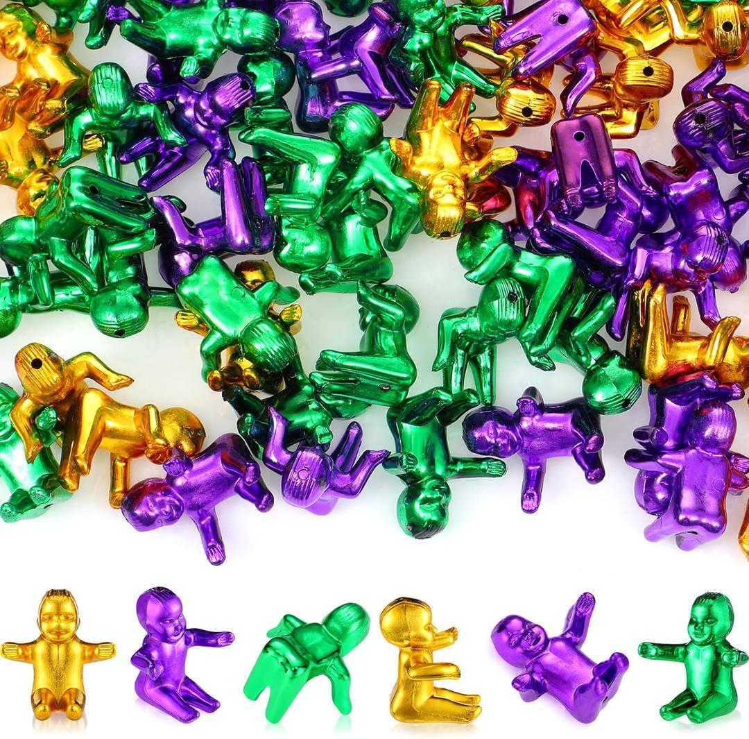 Sratte 48 Pcs Mardi Gras King Cake Baby 1 Inch Purple Green Gold Mini Plastic Baby Cake Toppers Tiny Plastic Babies Doll for Mardi Gras Party Decorations Supplies