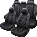 Car Seat Cover, Seat Covers for Cars, Luxury Faux Leather Waterproof Seat Covers, Car Seat Protector Accessories Universal Fit Most Vehicles Black Full Set