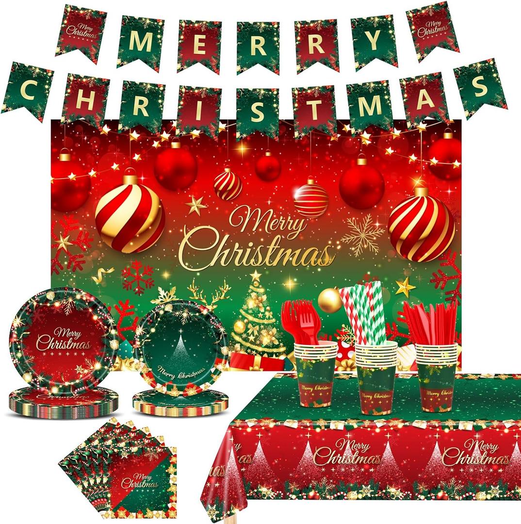 Christmas Party Decorations, Merry Christmas Party Supplies with Xmas Tree and Balls Theme, Disposable Tableware with Paper Plates, Napkins, Cups, Tableclot, Banner, Background Cloth (Serves 20)