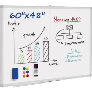 Dry Erase White Board 60 X 48 Inch, Wall-Mounted Silver Aluminum Frame Marker Presentation Board, 5' X 4' Foldable Portable Whiteboard with Pen Tray for School, Classroom, Office & Home