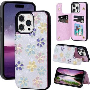 UEEBAI Wallet Case for iPhone 13 Pro Max with Card Holders, PU Leather Floral Cover Kickstand RFID Blocking Double Magnetic Clasp Rilievo Flower Flip Case for Women Girls - White Daisy