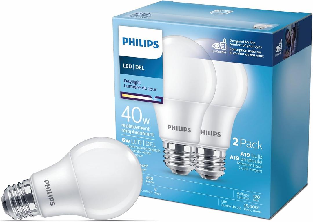 7W A19 Medium Base Daylight LED Light Bulbs - 2 Pack
