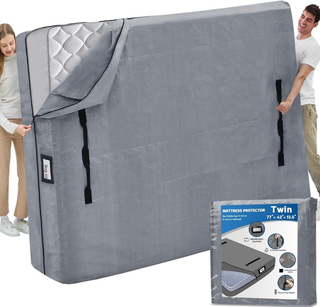 Mattress Bags for Moving and Storage, BETU Twin Mattress Protector Waterproof Mattress Cover with 8 Heavy Duty Handles and Zipper Extra Thick Moving Supplies for Dorm Bed Reusable (77x42x13.5 Grey) (Gray)