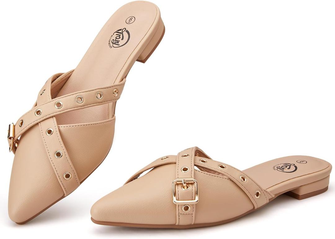 Trary Mules for Women,Comfortable Pointed Toe Flats,Backless Loafers Slip-Ons Women’s Clogs,Business Casual Fall Winter Shoes Women Dressy Nude