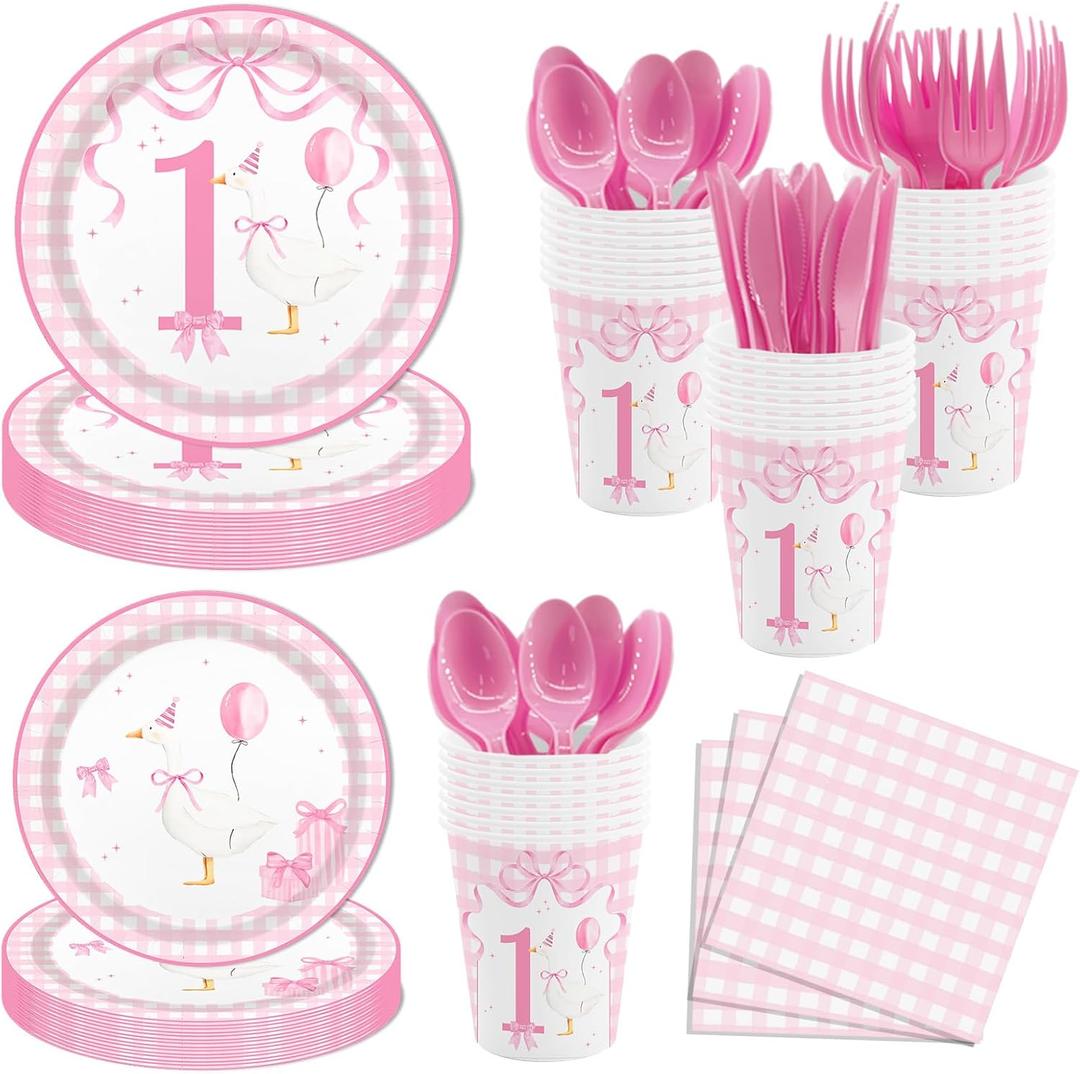 MEHOFOND 168pcs One Silly Goose Birthday Party Tableware Set for Girls, Silly Goose 1st Birthday Decorations Pink Gingham Plates and Napkins Sets for 24 Guests