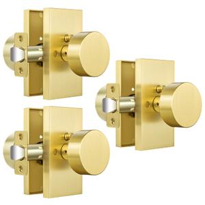Calzibeno Satin Brass Privacy Door Knobs, 3 Pack Zinc Alloy Heavy DutyDoor Knob, Brushed Gold Door Knobs Interior, Rectangular Modern Door Knob for Bedroom, Bathroom