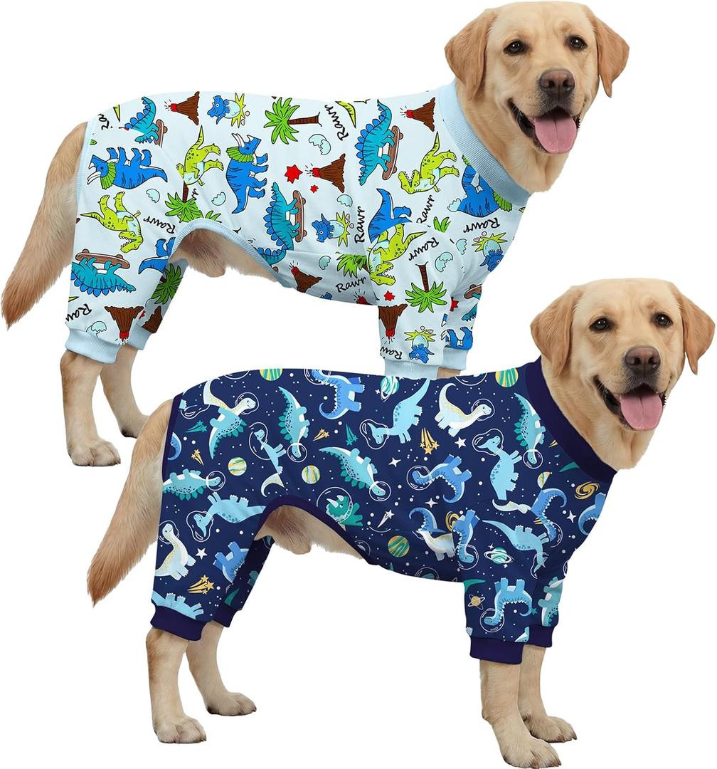 XPUDAC 2 Pack Dog Pajamas for Medium Large Sized Dog, Soft Warm Dog Onesie Stretch Lightweight Pet Outfit Jammies Pet Clothes Boy Dinosaur Print, 3X Large(Chest-26" Back-19.7" Neck-17.3")