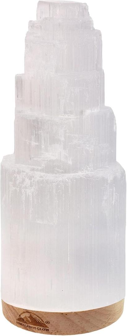 Himalayan Glow Selenite Crystal Lamp 20cm, Hand Curved Morocco |Skyscraper| Crystals and Healing Stones,(ETL Certified) with Wooden Base & USB Charging Cable For Healing Cleansing & Meditation