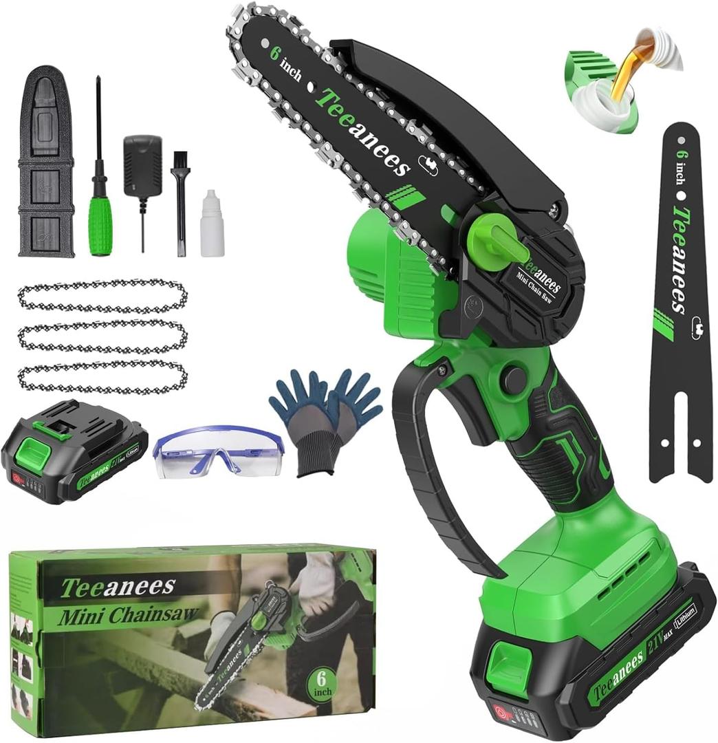 Mini Chainsaw Cordless 6 Inch With 1 Batterie three chains Portable Small Electric Pruning saw for Wood Cutting,Tree Trimming, Garden & Household Use Stocking Stuffers Gift for Men Dad Husband (6 Inch-green-1 Battey+3 Chains+1 Guide Plates)