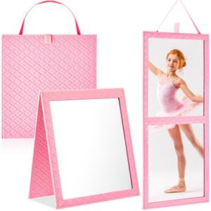 Foldable Backstage Mirror with Handle Leather Folding Hanging Mirror Rectangular for Travel Dance Bag Home Fitness Spa Gift for Dancers(Pink,33.5" L X 13.4" w)