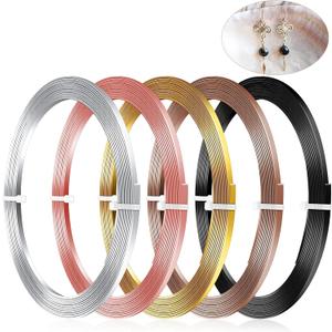 Hotop 5 Rolls Flat Aluminum Wire Bendable Anodized Craft Wire for Jewelry Making Soft Metal for DIY Bezel Sculpting, 16.4 Feet 3 mm, Gold, Silver, Black, Light Copper, Brown
