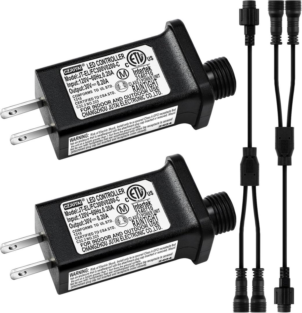 Umigy 4 Pcs Class 2 Power Supply and 2 pin LED Connector 1 Male Divided 2 Female Waterproof Connector Low Voltage Yard Inflatable Adapter for Christmas String Light Inflatable Decor (30V6W, 8 Modes)