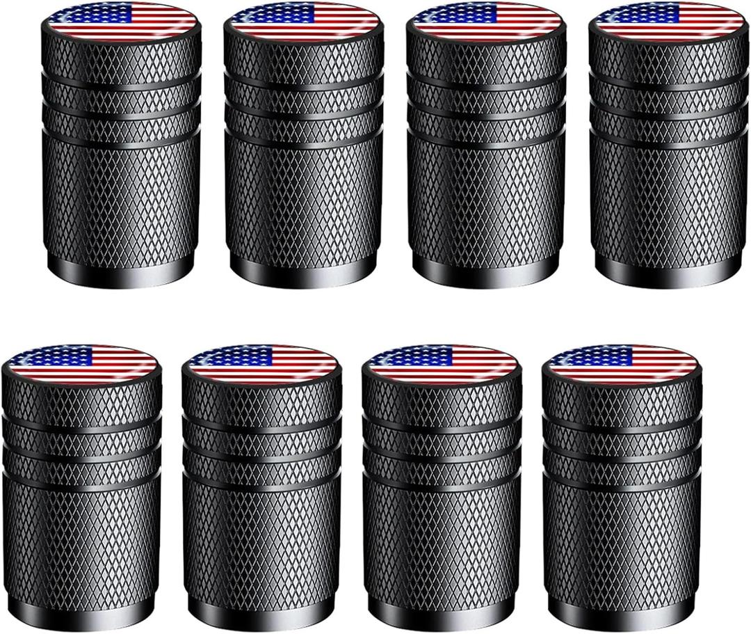 Tire Valve Stem Caps 8 Pack - American Flag Tire Caps, Black Anodized Alloy Air Caps, Universal Fit for Car SUV Truck Bike Motorcycle (Black)