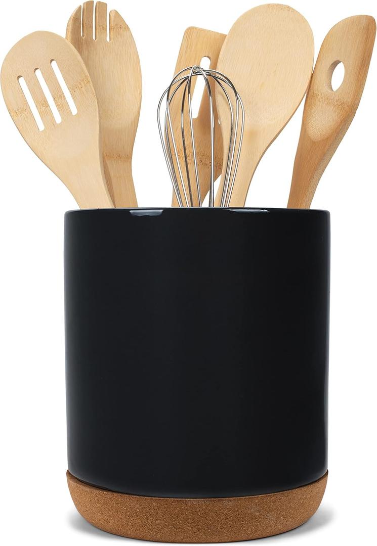 Glossy X-Large Ceramic Stoneware Cork Bottom Kitchen Utensil Holder, Black
