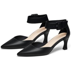 Coutgo Womens Kitten Low Heels Closed Pointed Toe Ankle Buckle Strap Pumps Suede Dress Wedding Shoes (7.5, Cool Black)