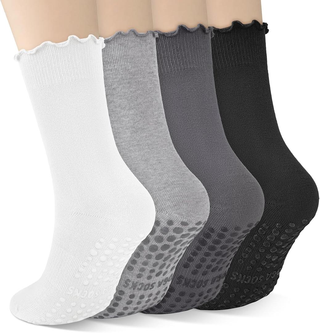 4 Pairs Grip Pilates Socks for Women Yoga Scrunch Slouch Non Slip Socks with Grippy Pilates Barre Workout Slipper 5-9