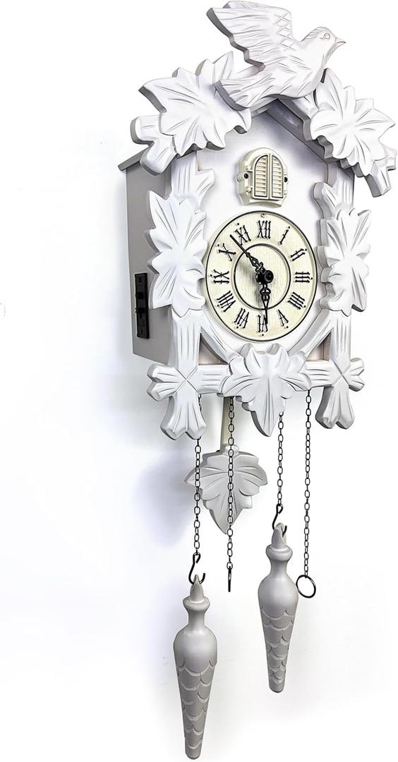 Rylai Cuckoo Clock Vintage Large Wooden Wall Clock Handcrafted 13x9.5 Inch (White)