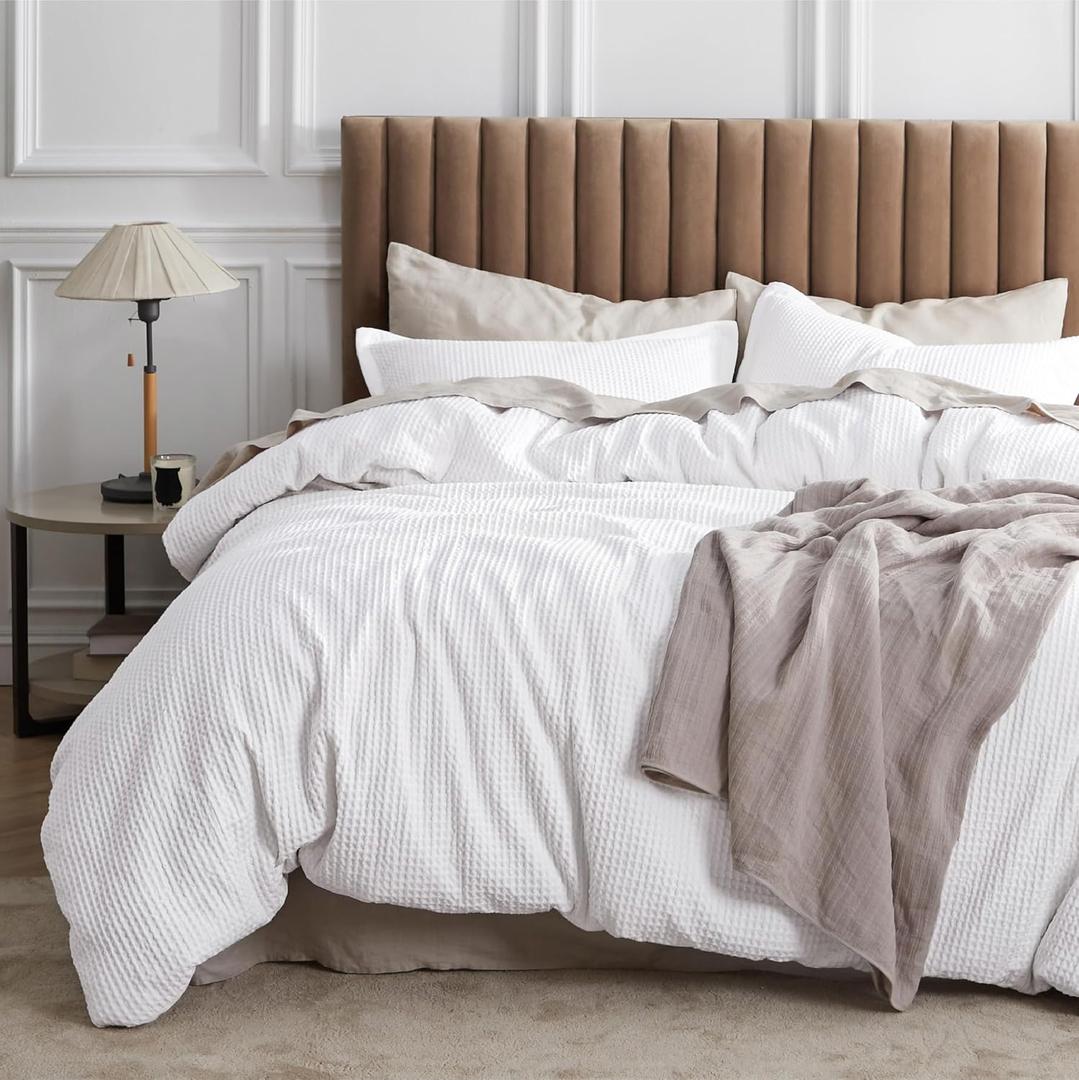 Bedsure Cotton Duvet Cover King - 100% Cotton Waffle Weave Bright White Duvet Cover King Size, GentleSoft and Breathable Bedding Set for All Season, 3 Pieces, 104"x90"