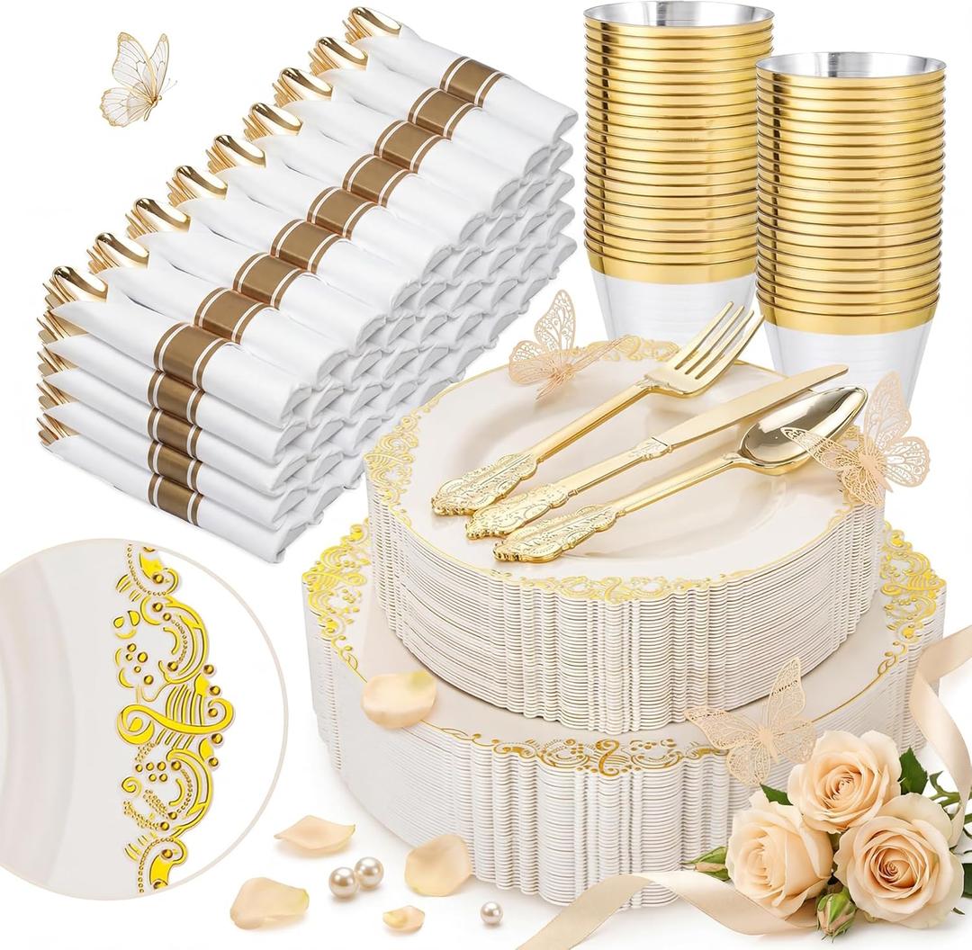 Nervure 350PCS Ivory Plastic Plates - Ivory Gold Plastic Dinnerware Sets for 50 Guests - 100 Gold Disposable Plates, 50 Pre Rolled Silverware Sets, 50 Cups Perfect for Wedding & Party & Mothers Day