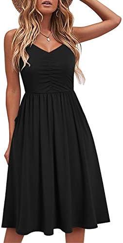 YATHON Casual Dresses for Women Sleeveless Cotton Summer Beach Dress A Line Spaghetti Strap Sundresses with Pockets S Black