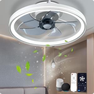 WiFi Low Profile Ceiling Fan With Light, White Bladeless Ceiling Fan Compatible with Alexa and Google Assistant, Smart 3 LED Color 6 Speeds Reversible Flush Mount Ceiling Fans With Lights
