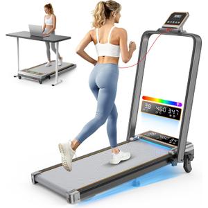 Walking Pad Treadmill with 15% Incline/Handle Bar/2 Screen Display, 3.5HP Foldable Walking Pad Treadmill, Portable Treadmills for Home with 4 Adjustable Incline, 350+lb Capacity, Smart App, RGB Light
