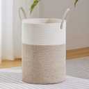 VIPOSCO Large Laundry Hamper, Tall Woven Rope Storage Basket for Blanket, Toys, Dirty Clothes in Living Room, Bathroom, Bedroom - 72L White & Brown